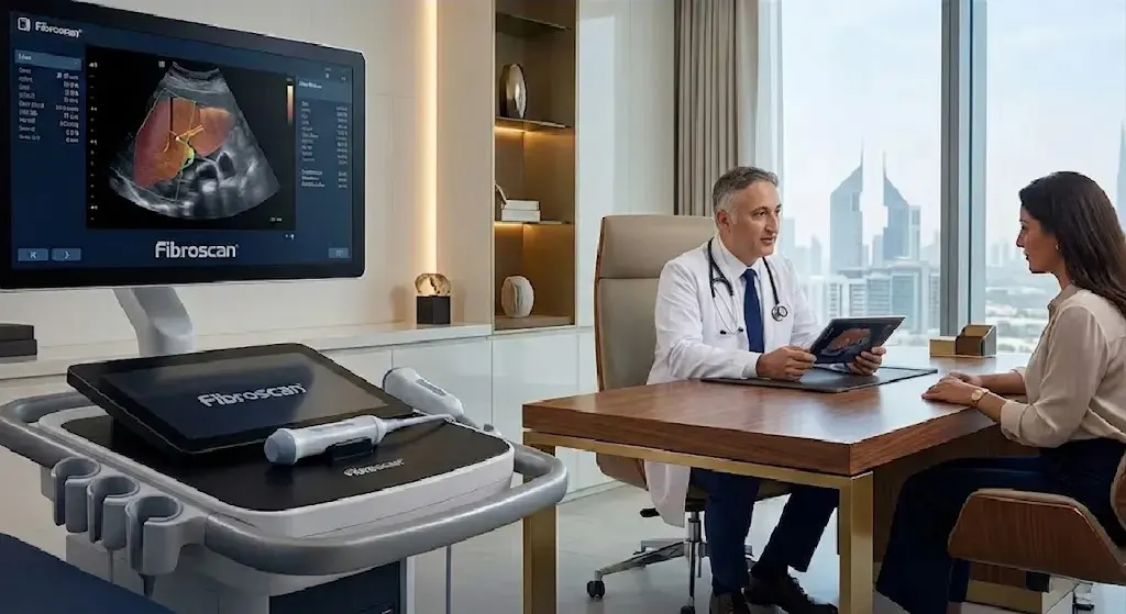 Medical professional utilizing a medical scanner on a patient, demonstrating painless liver assessment
